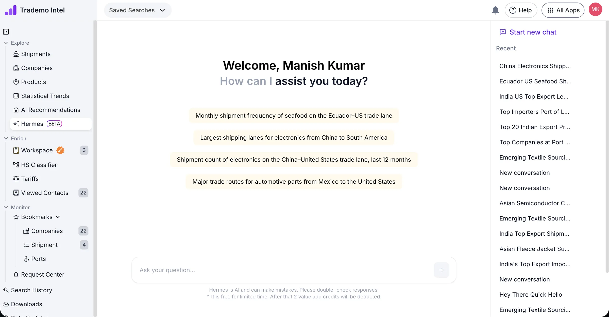 Trademo Intel AI assistant: chat home with suggested trade-data questions and conversation history