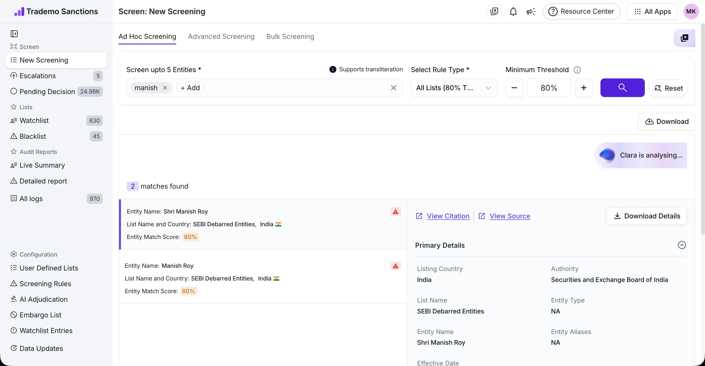 Sanctions Screener: ad-hoc entity screening with match scores and source citations